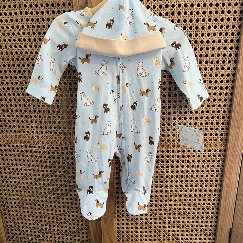 NWT newborn Little Me Light Blue Dog-Print Hooded Footie with Cream Trim